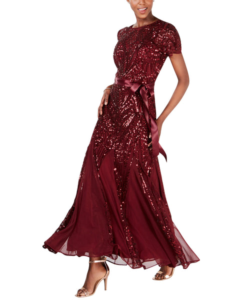 r & m richards short sleeve beaded evening gown