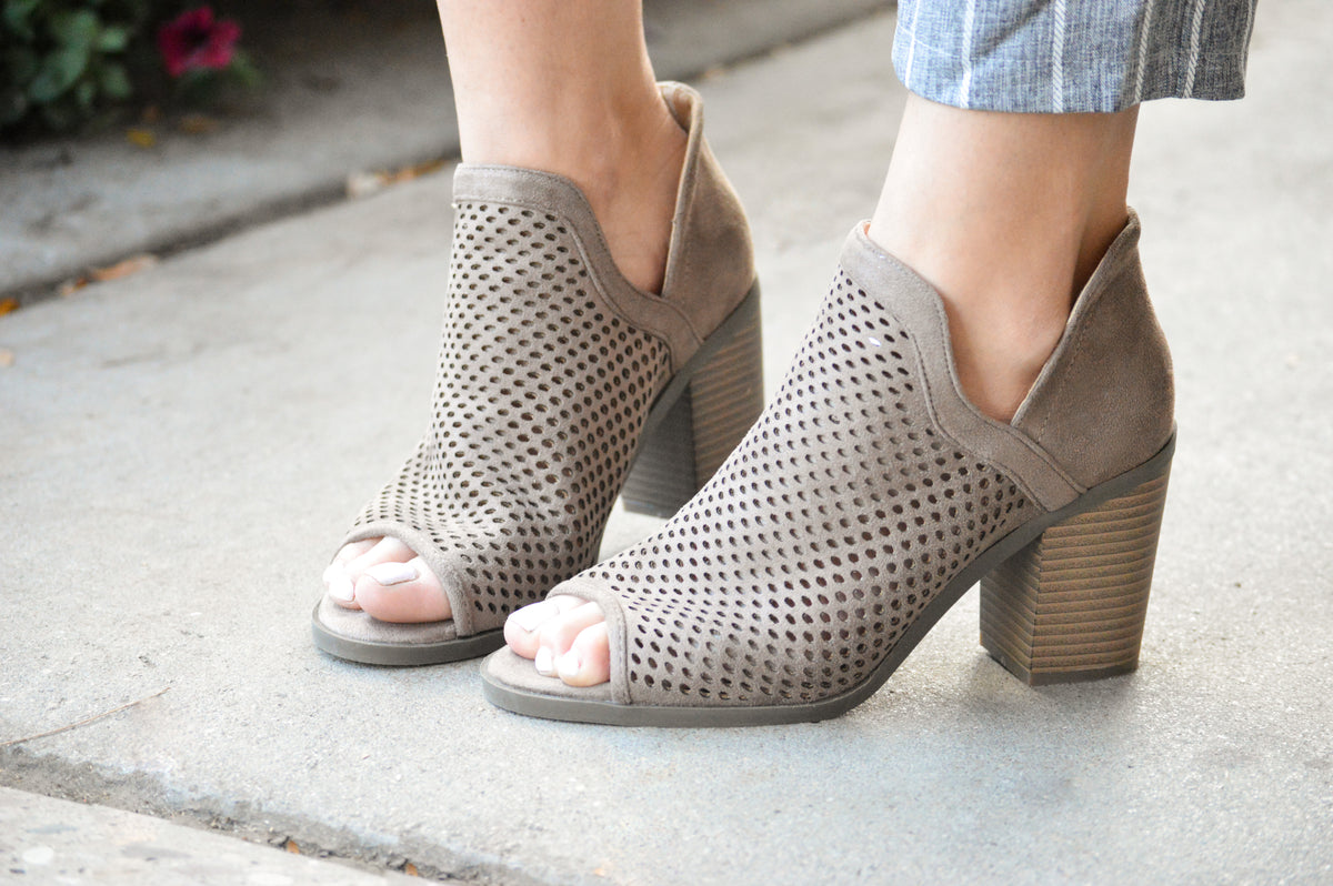 LASER CUT OPEN TOE BOOTIES - TAUPE 