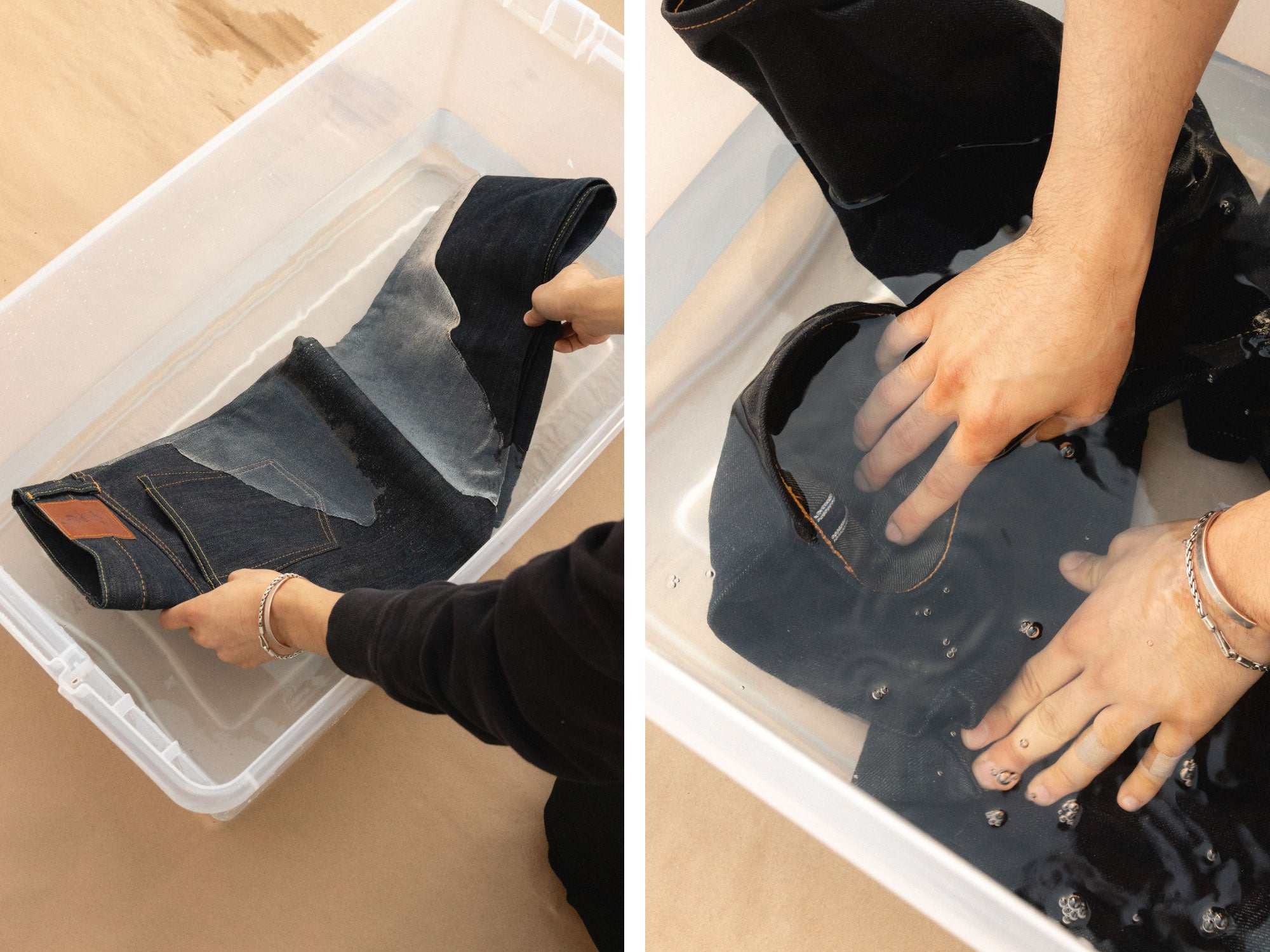 submerging denim jeans in water container