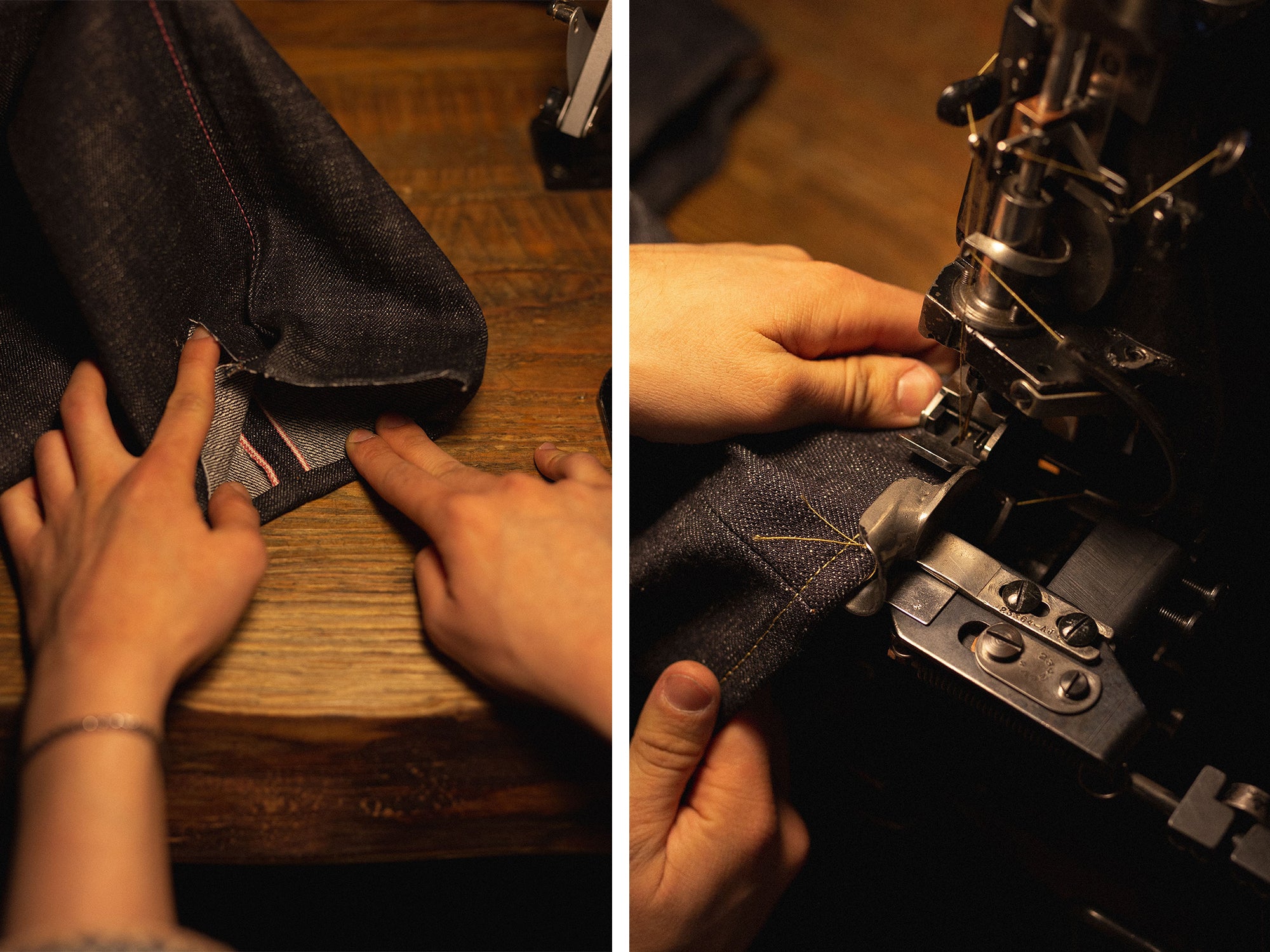 Folding denim and chainstitching