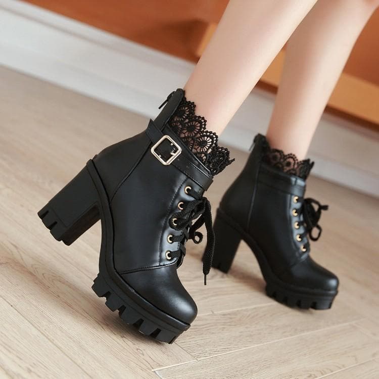 Black/White Lace Buckle High Heel Boots 