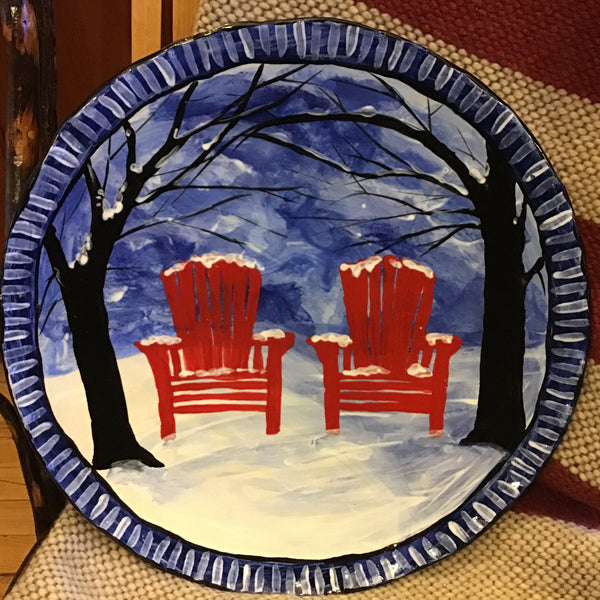 Extra Large Round Platter Winter Scene With Red Adirondack Chairs