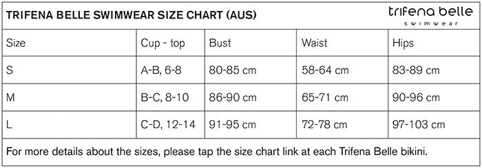 Beachcuties Boutique and Trifena Belle size chart for bikinis 