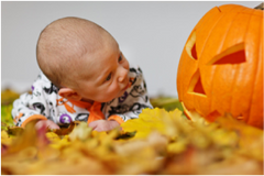 Halloween Child looking at a Pumpkin