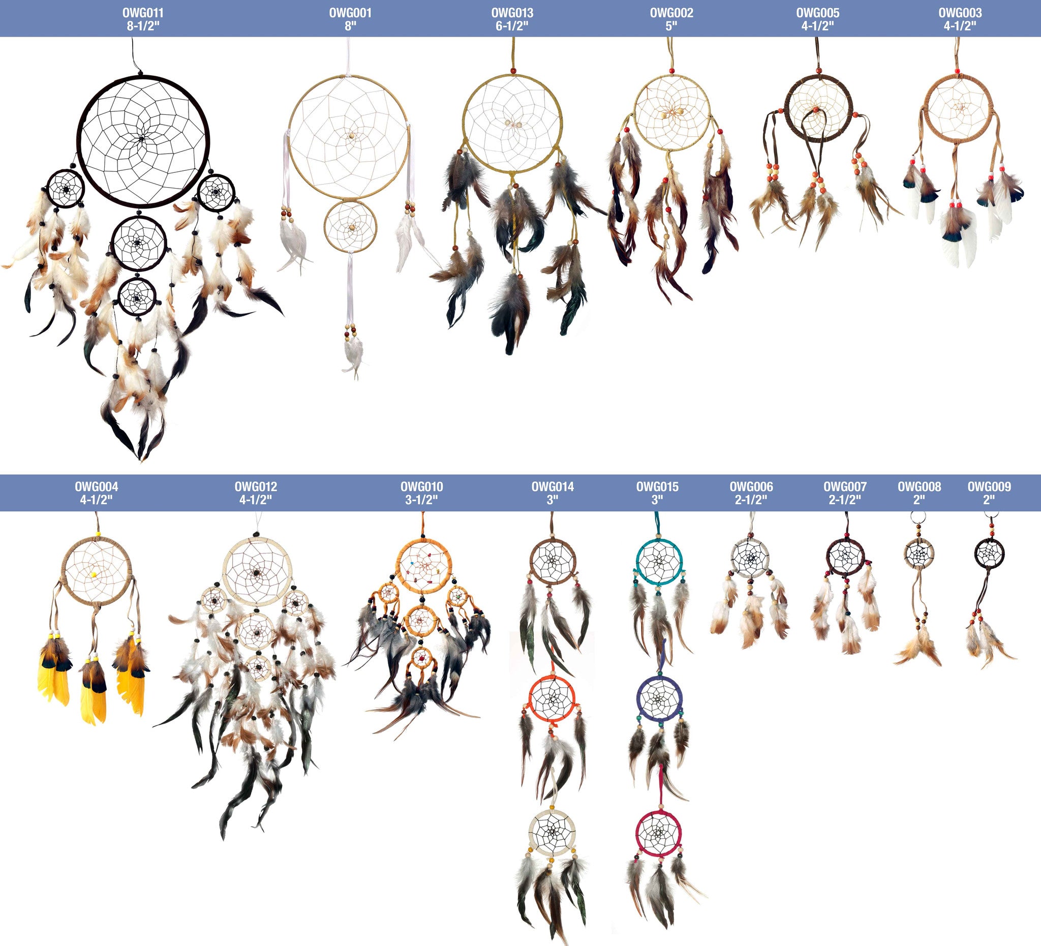 Size comparison chart showing many different dreamcatchers to scale