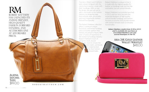 Fashion affair magazine feature of the Robert Matthew Alayna Tote and Aria Wristlet Wallet.