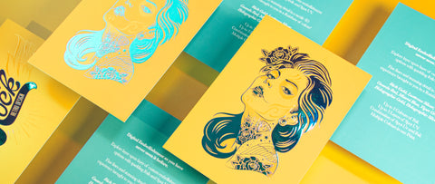 Yellow and Blue Printed Postcards with a beautiful tattoo sugar skull woman in bright aqua foil on  