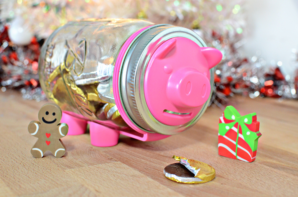 jarware piggy bank with chocolate coins
