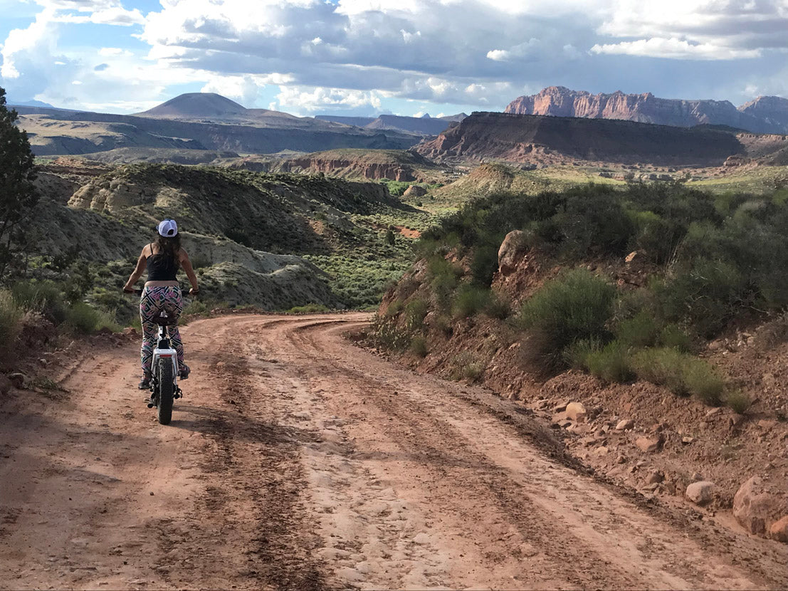 A woman rides a RadMini electric folding bike through a desert.