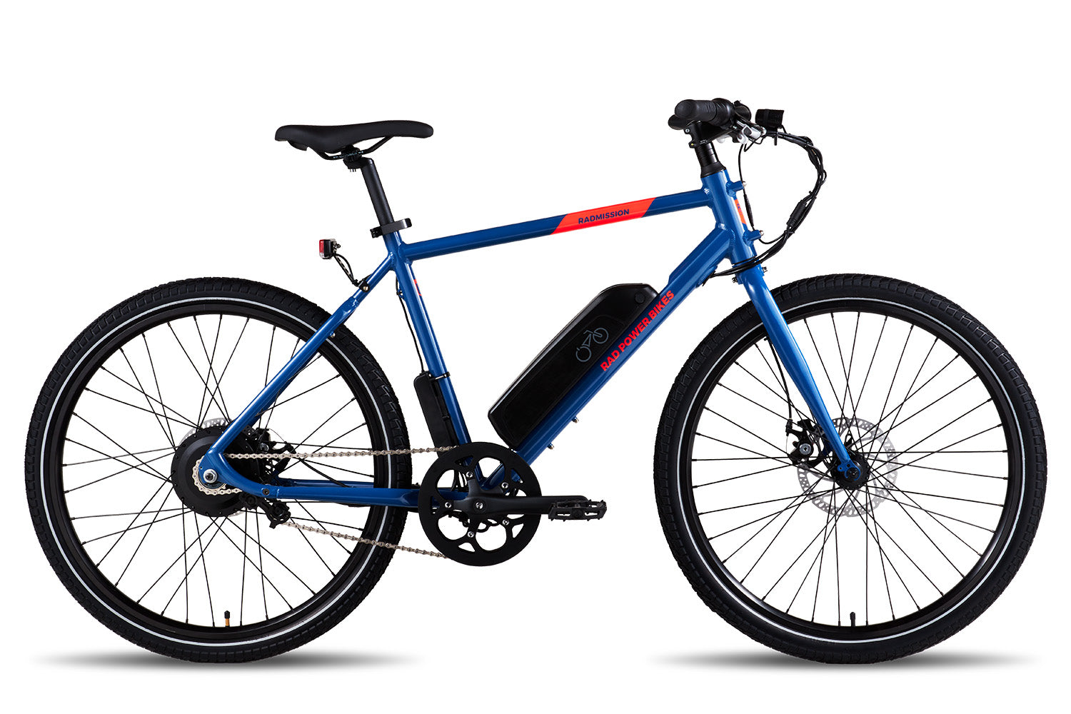 A blue RadMission electric metro bike against a white background. 