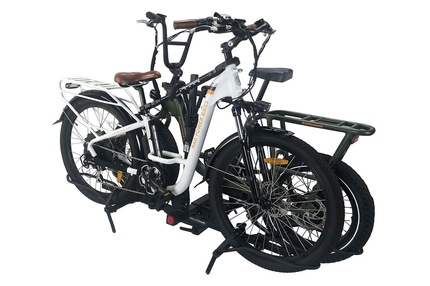 A RadRunner and RadMini attached to a Hollywood ebike rack.