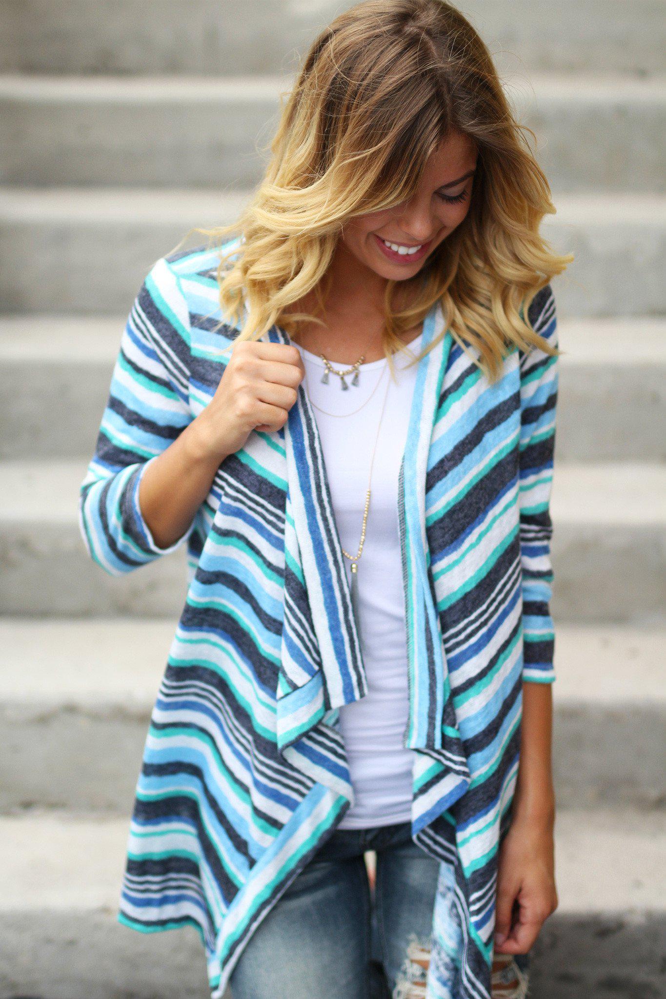 Blue and Green Striped Cardigan | Blue And Green Cardi | Cute Cardi – Saved  by the Dress