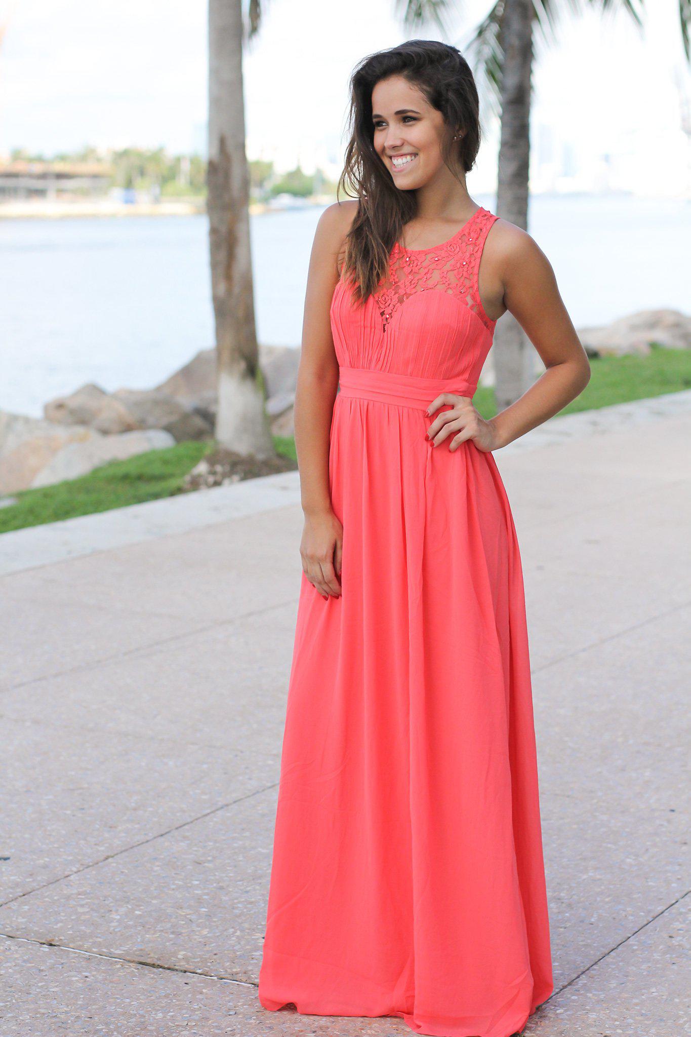 Coral Maxi Dress With Pleated Lace Top Beautiful Dresses Saved By The Dress 8406