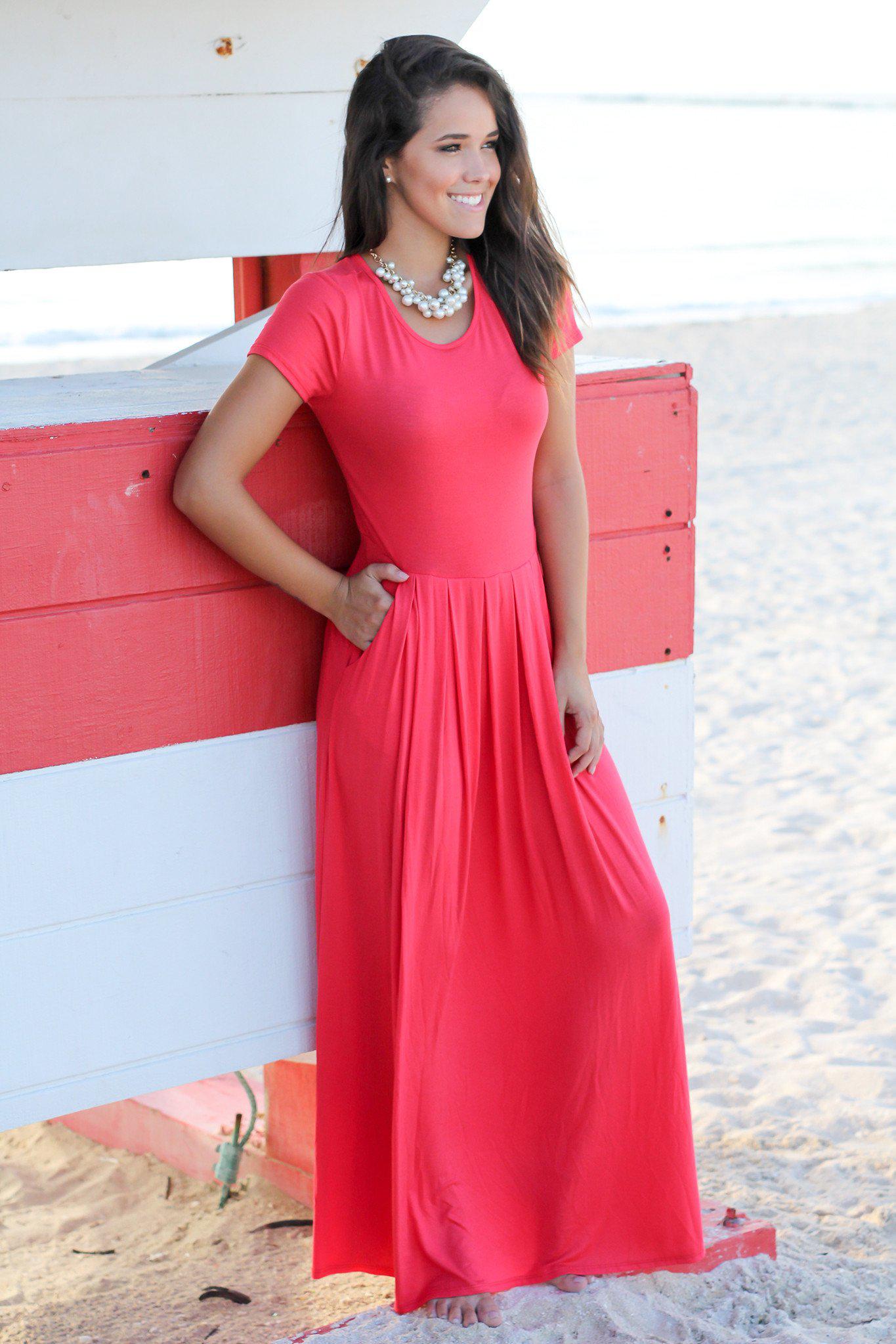 Coral Pleated Maxi Dress With Pockets Maxi Dresses Saved By The Dress 3423