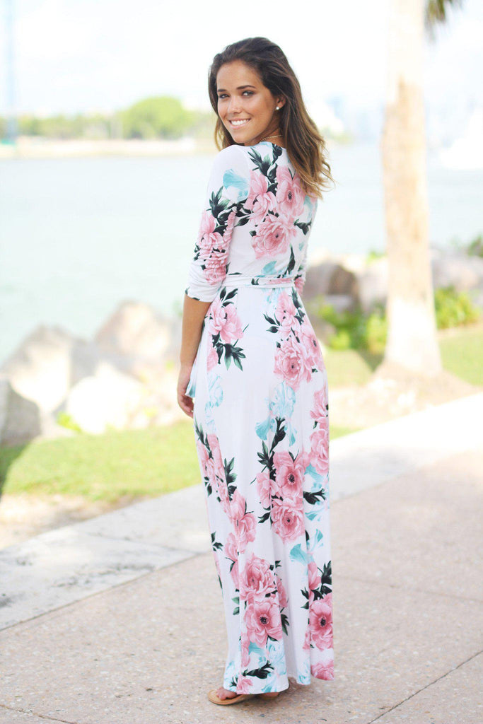 Ivory Floral Wrap Maxi Dress Maxi Dresses – Saved By The Dress