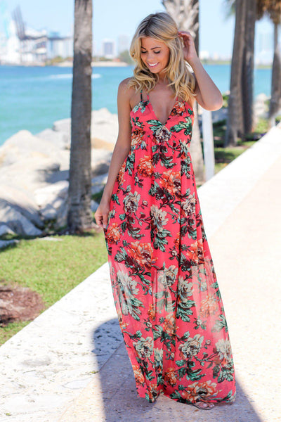 Coral and Green Floral Maxi Dress with Tie Back | Maxi Dresses â Saved by the Dress