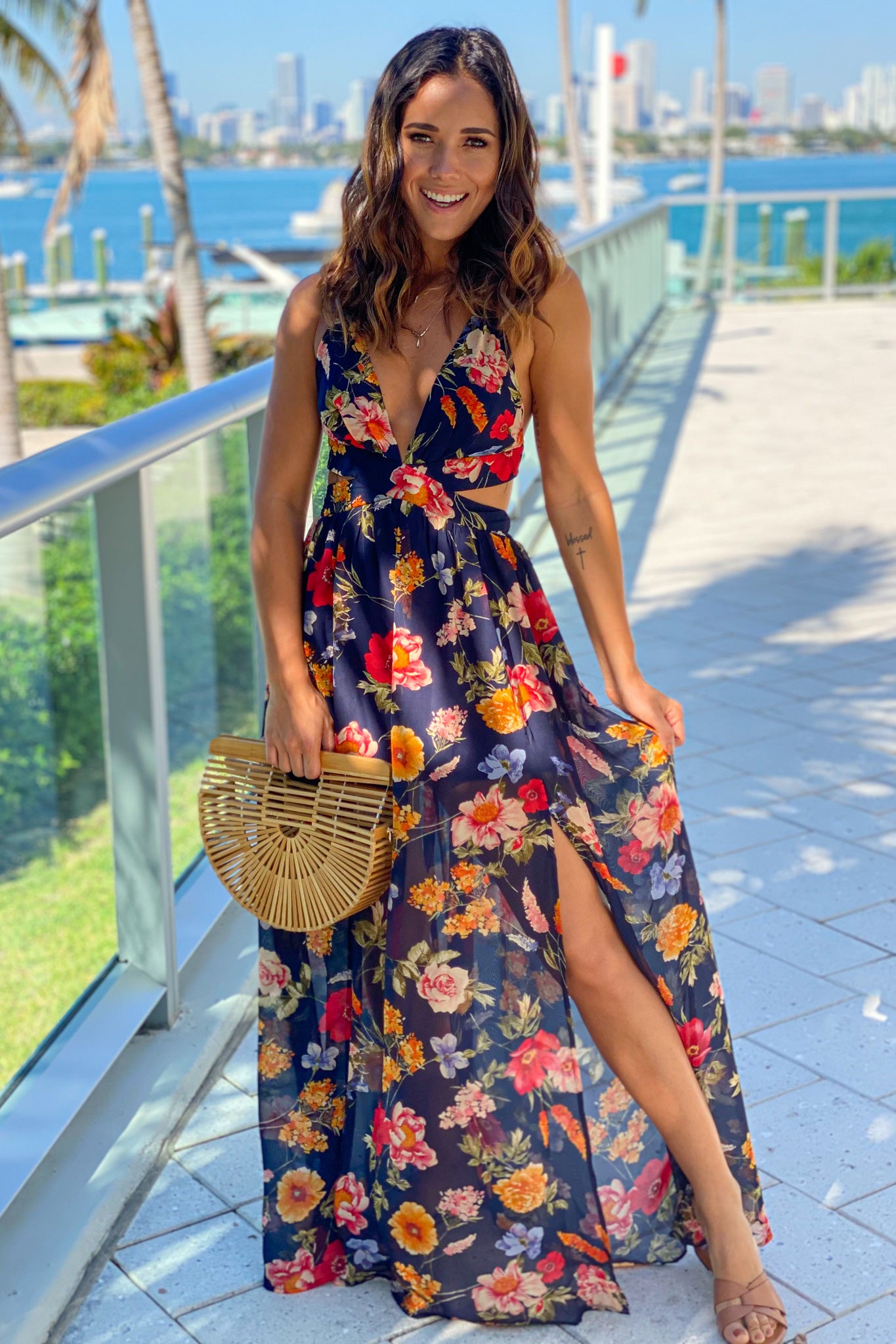 Navy Floral Cut Out Maxi Dress