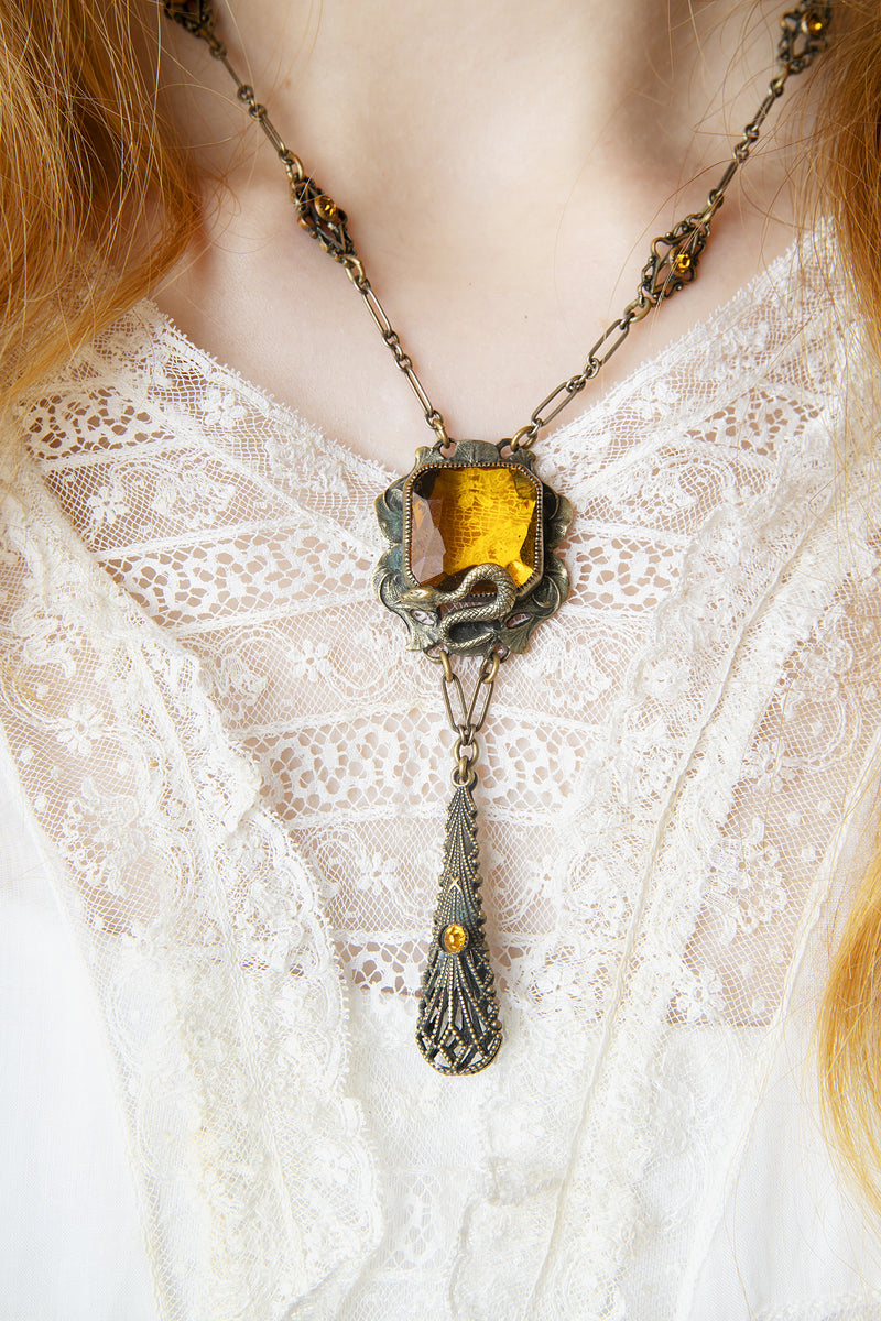 Vintage hand blown glass snake pendant necklace