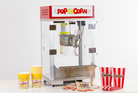 Zurchers.com Popcorn Machine Rental unit with various popcorn making supplies.