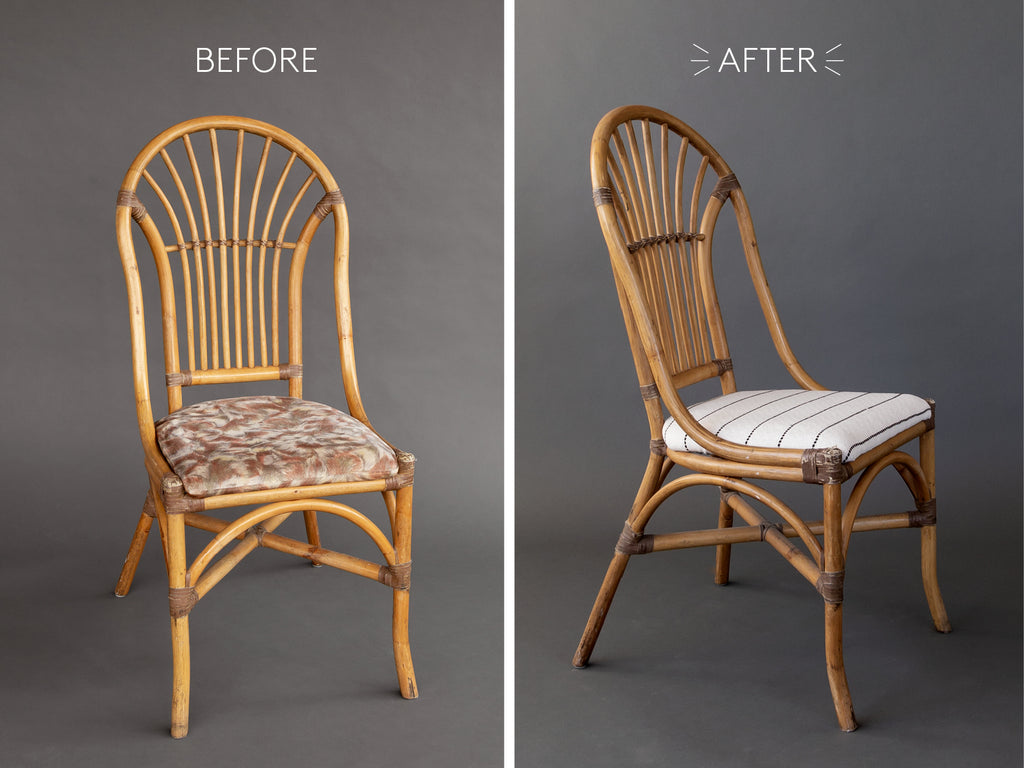 vintage bamboo chair makeover with black and white striped fabric 