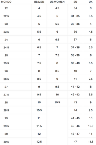 alpine ski boot size chart