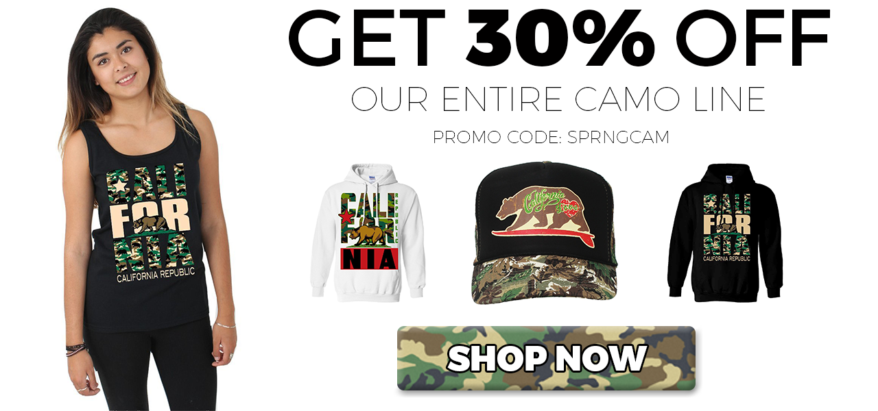 Save 30% On California Republic Camouflage Camo Sweatshirts, Hoodies, Snapbacks, and T-Shirts