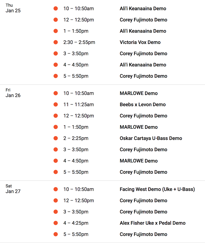 Kala Brand Music Co. NAMM 2018 Demo Schedule (Booth #4804 in Hall D)