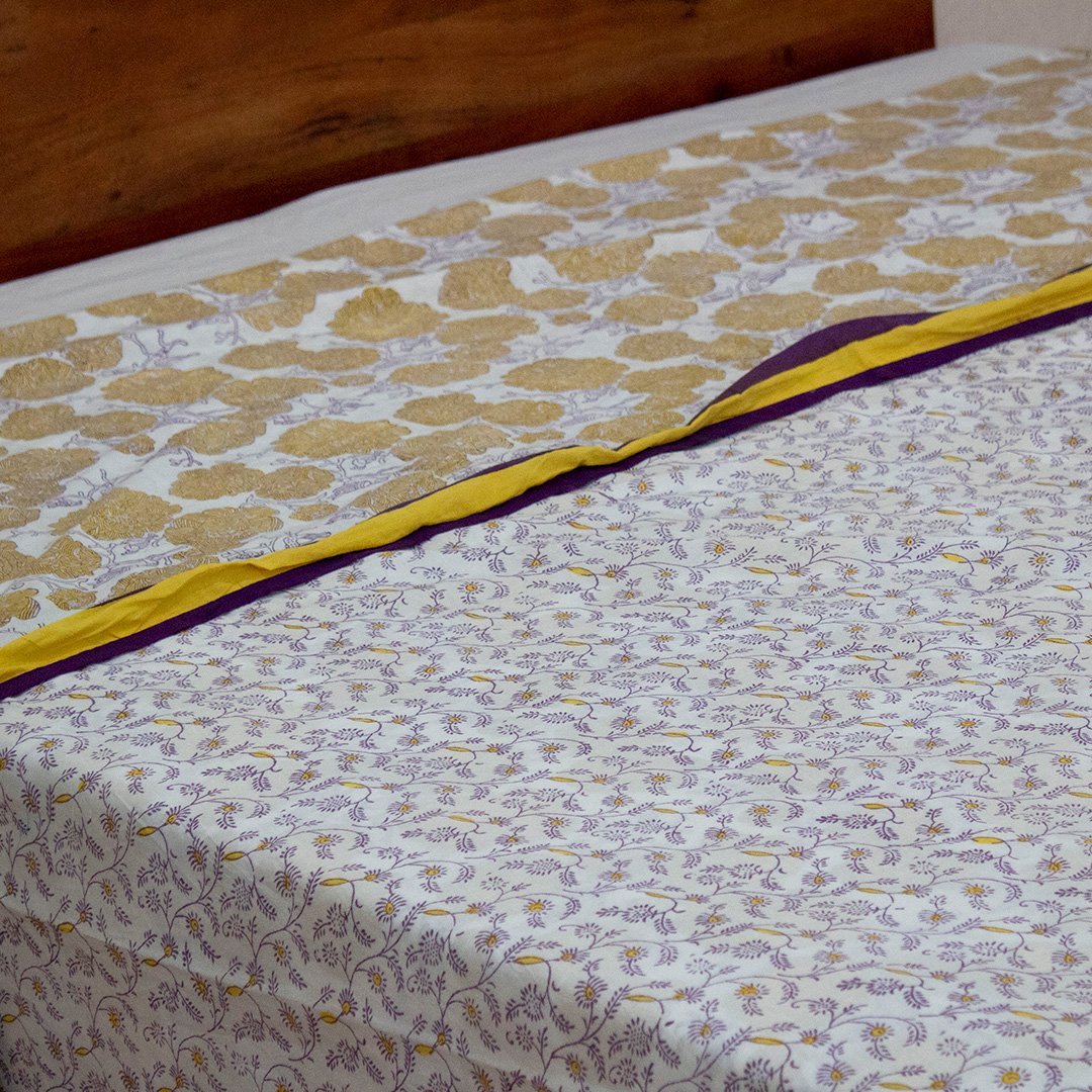 Cotton Double Bed Duvet Cover Yellow Marigold Jaal Block Print 2