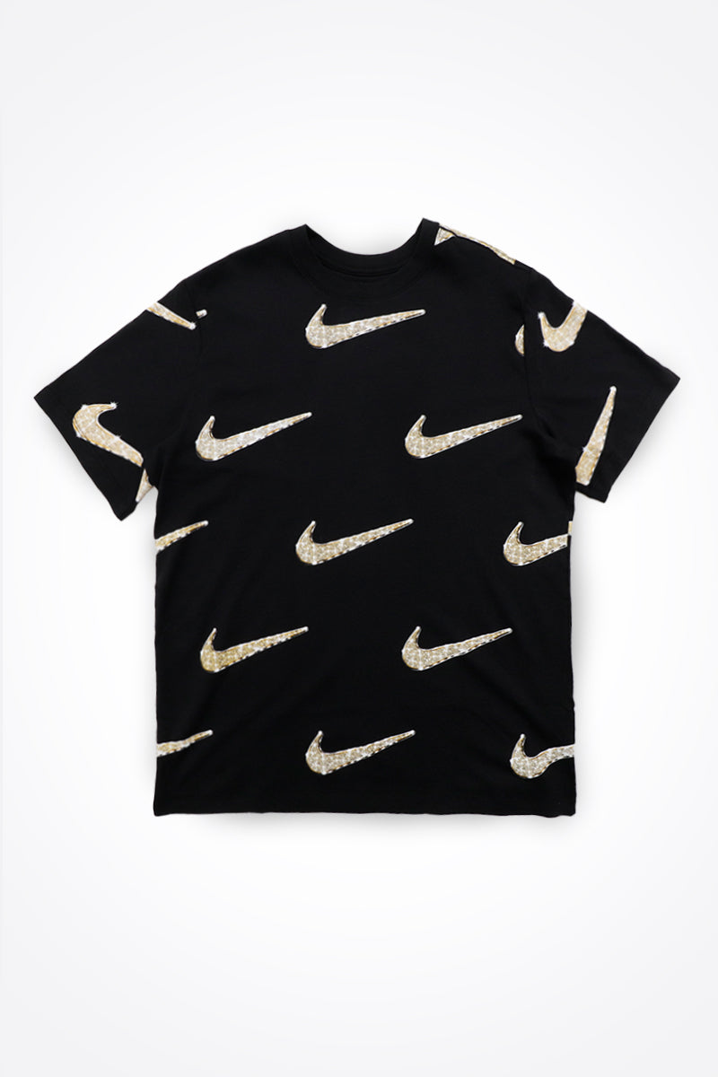 white nike shirt with gold swoosh