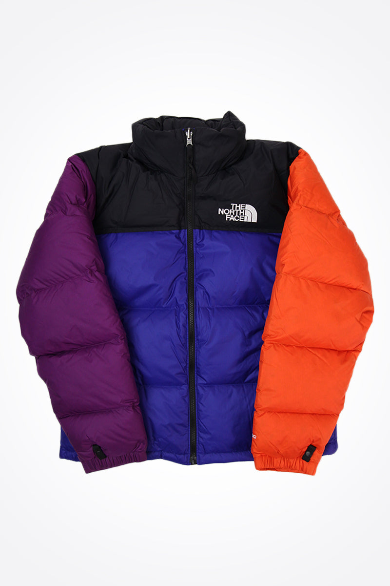 purple and orange north face jacket