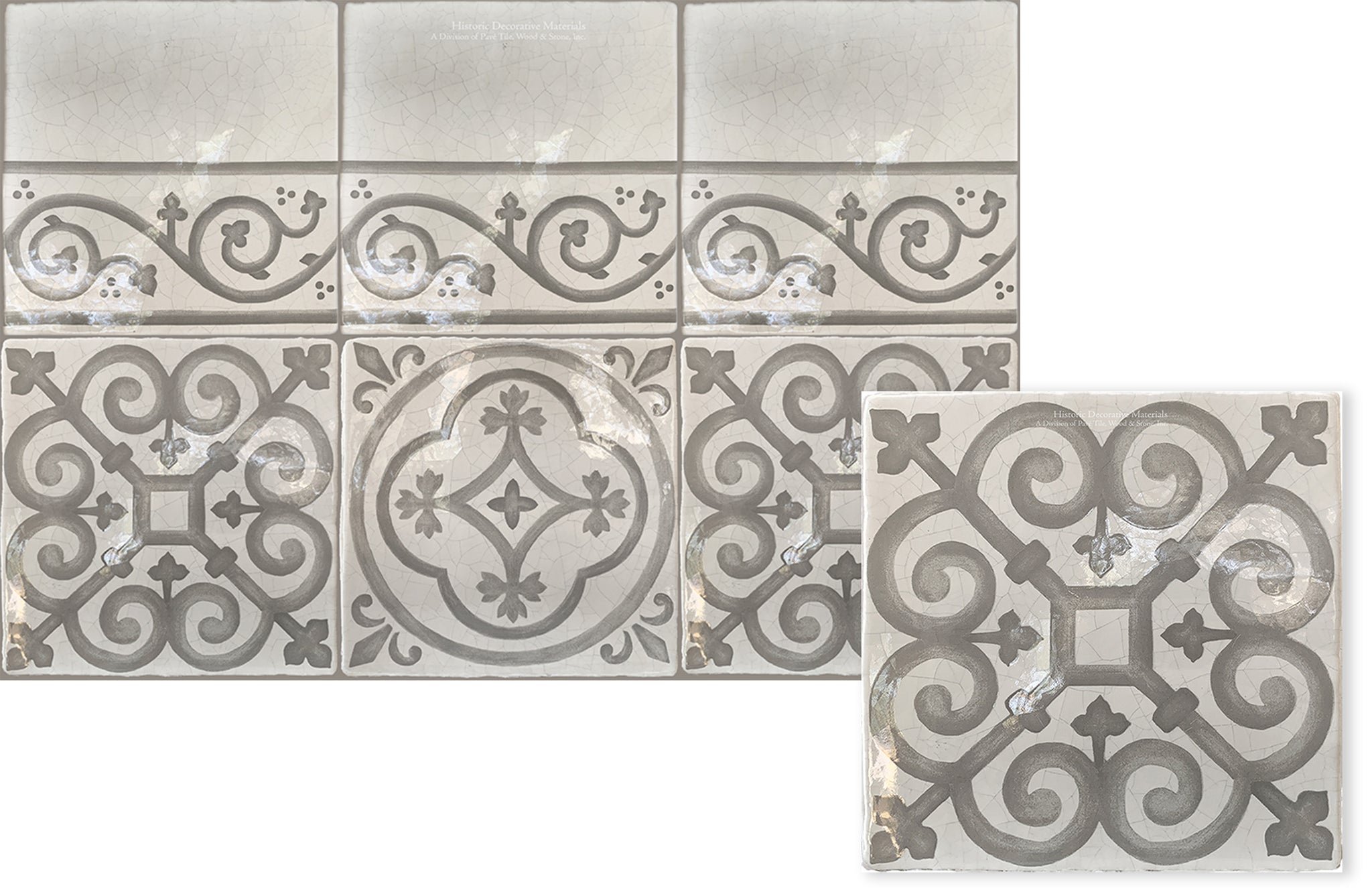 Historic Decorative hand painted wall tiles that are pattern wall tiles for kitchen backsplash, bathroom wall tiles, fireplace surround tiles that interior designers use for luxury, old world and farmhouse interiors