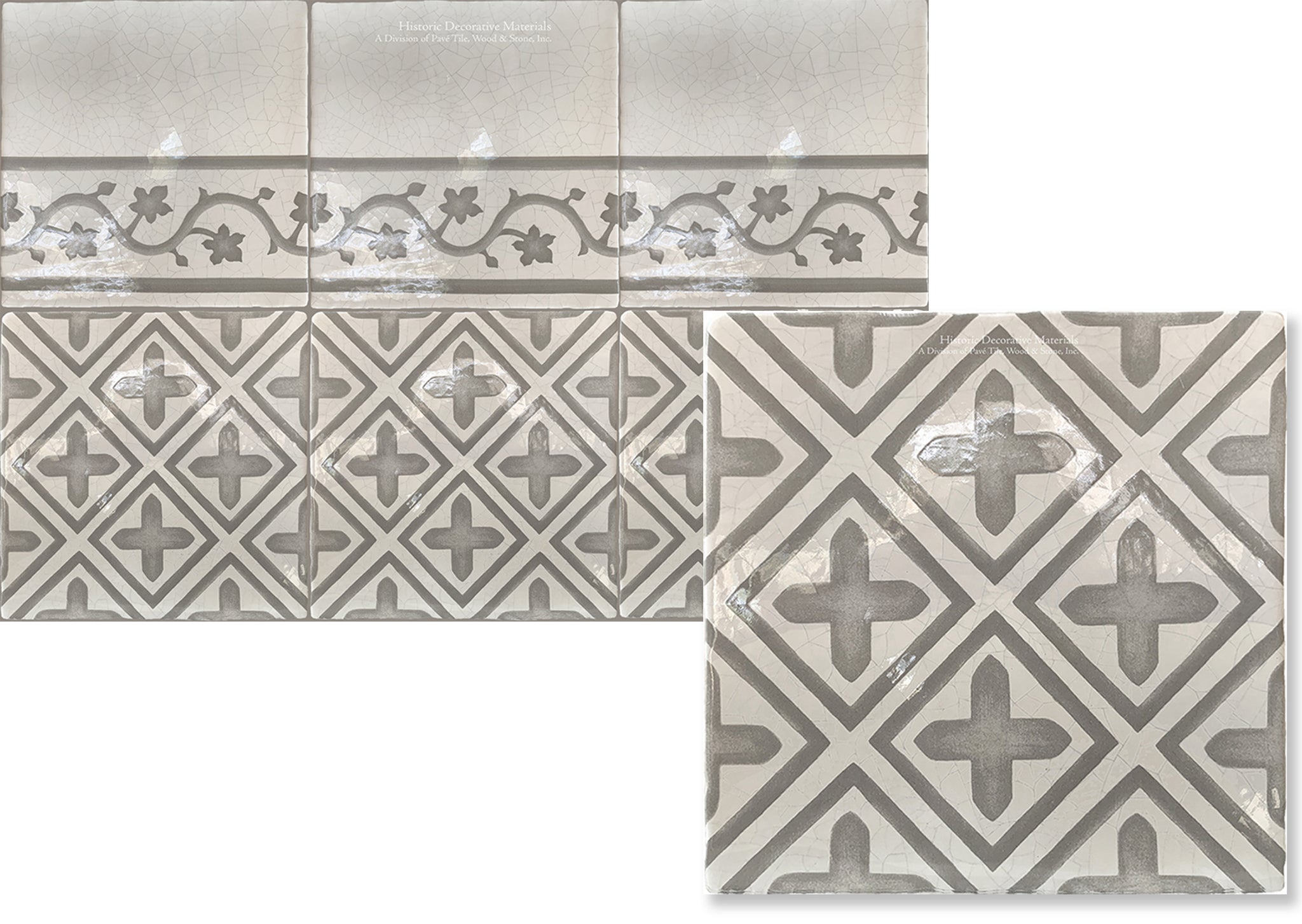 Historic decorative patterned wall tiles for kitchen back splash, bathroom walls, powder room, fireplace surround that interior designers choose for farmhouse, luxury, and old world interiors