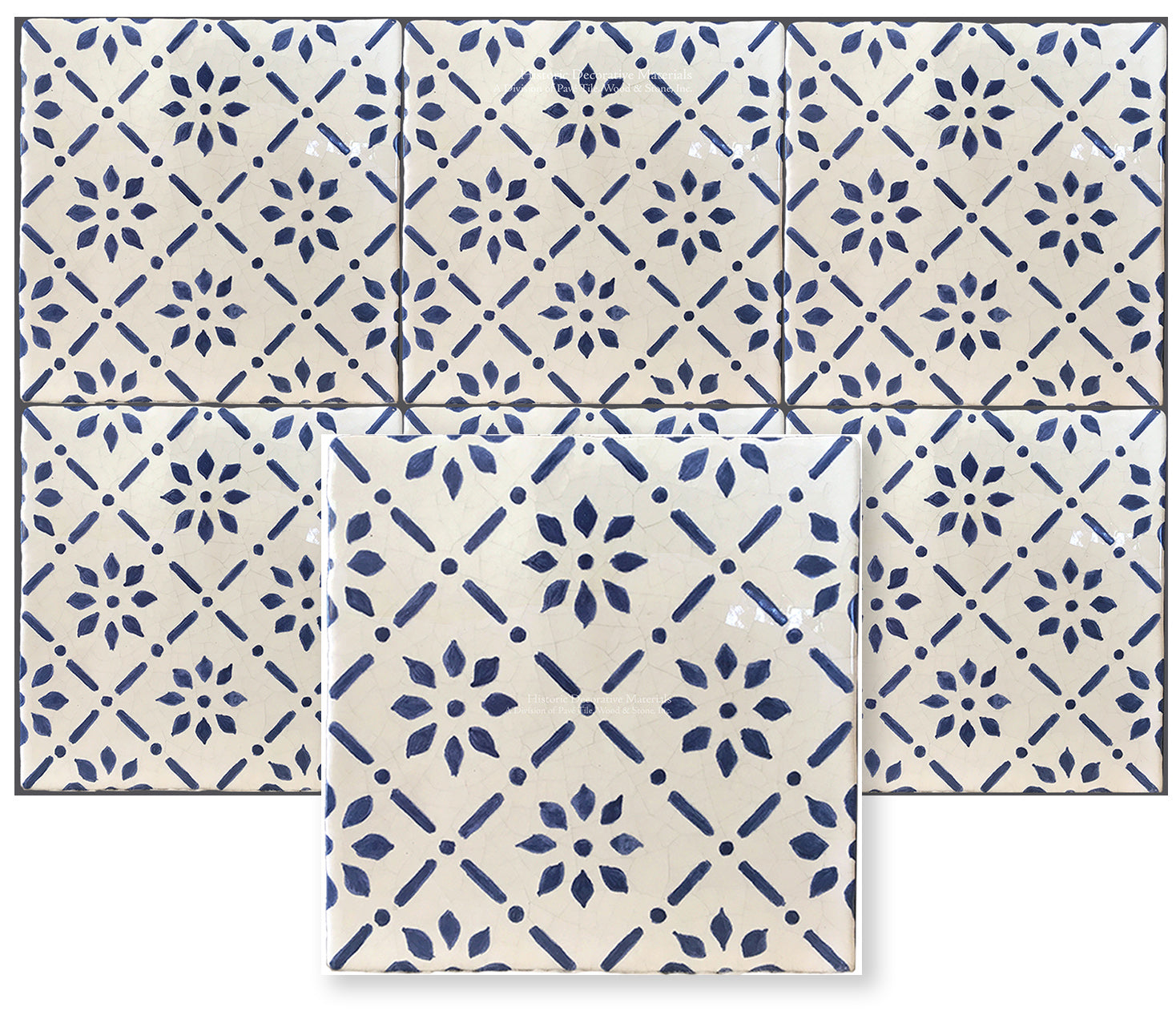 Blue and White Hand painted decorative wall tile like the Monet tiles found in Giverny, France are for kitchen backsplash, fireplace surround and bathroom walls that interior designers choose for traditional and historic interior design styles