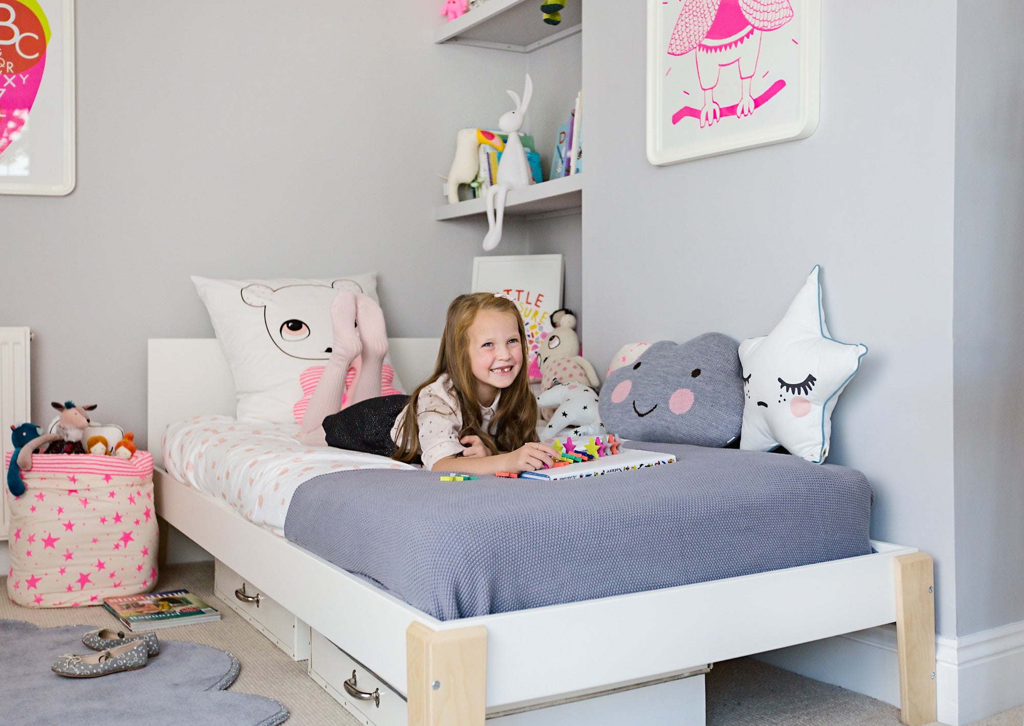 Grey and white, neon and bright children's room by Bobby Rabbit.