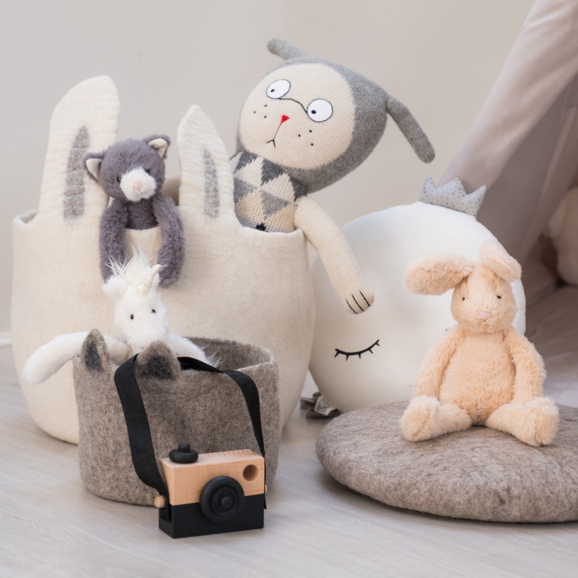 Felt Bunny and Cat Storage Baskets with toys and accessories, available at Bobby Rabbit.