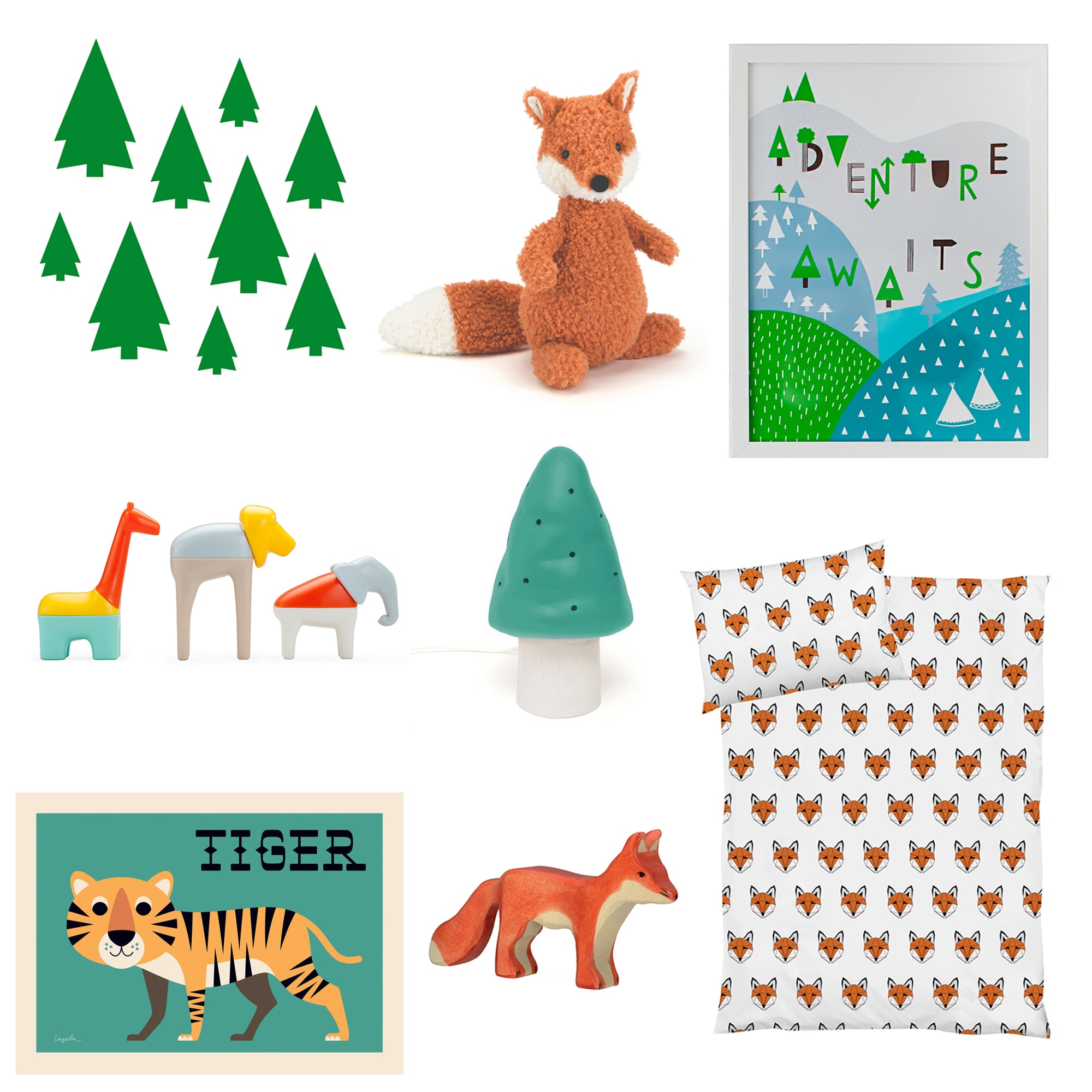 Fox and forest themed bedroom, all products available at Bobby Rabbit