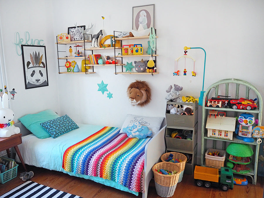 Felix and Charlie's multi-coloured shared bedroom, styled by Studio Des Jolis Momes