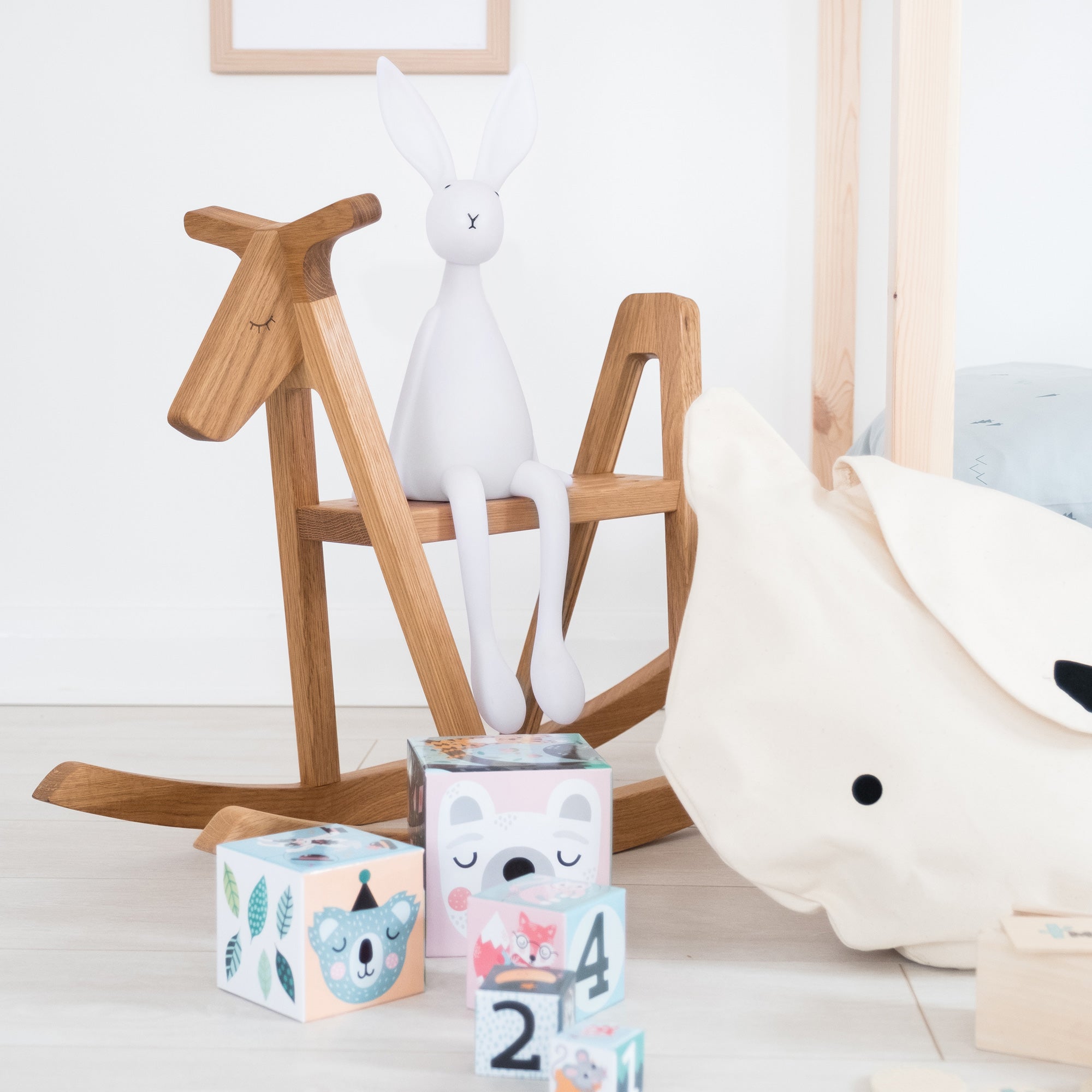 Lillagunga Rocking Reindeer, Joseph Bunny Lamp and Stacking Blocks, available at Bobby Rabbit.