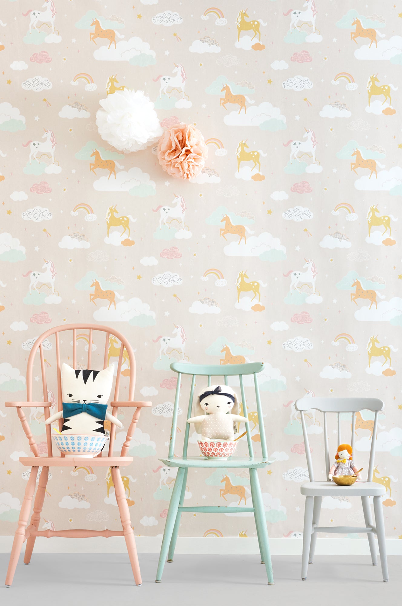 Majvillan children's wallpaper 'Rainbow Treasures', available at Bobby Rabbit.