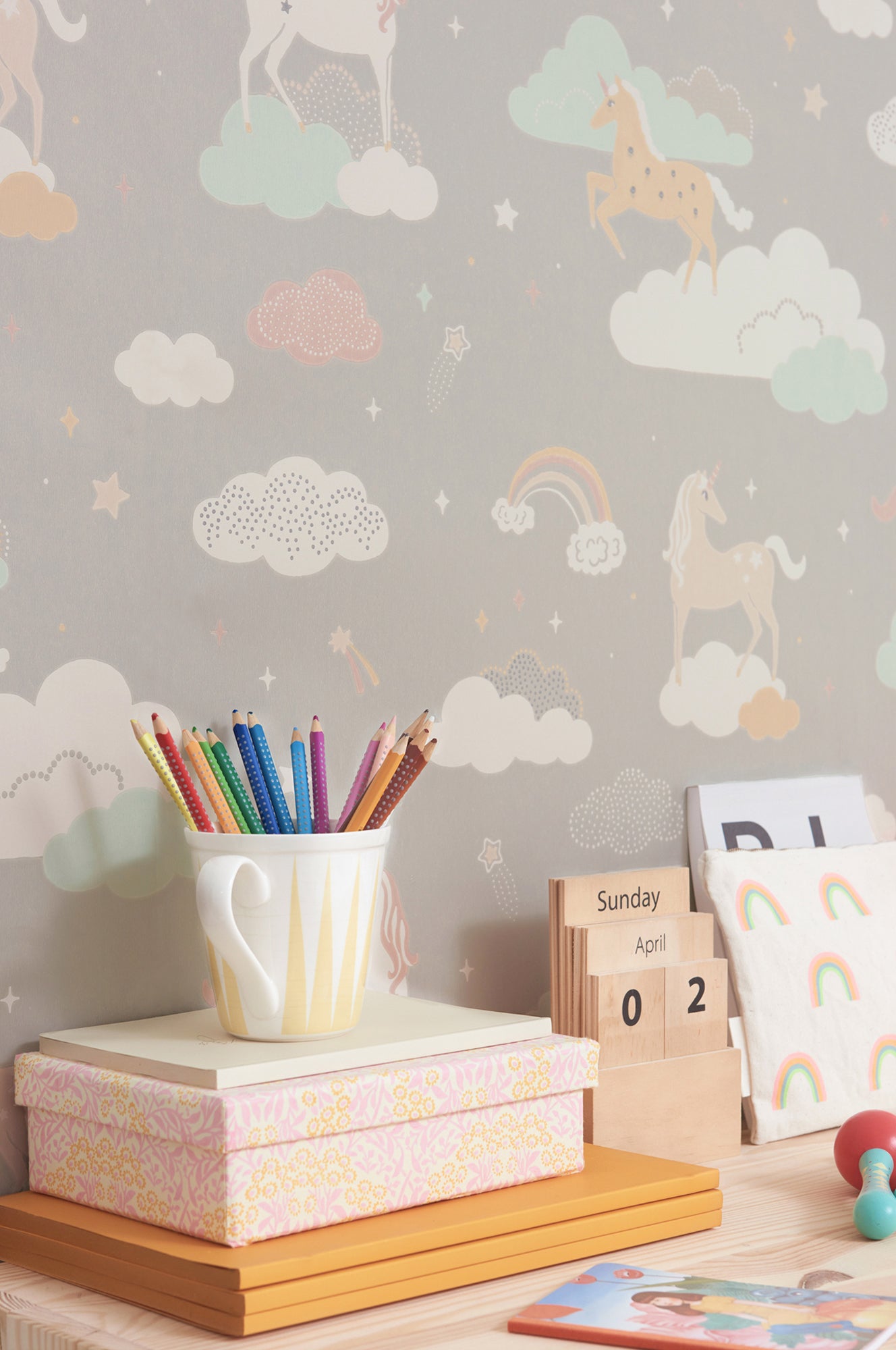 Majvillan children's wallpaper 'Rainbow Treasures', available at Bobby Rabbit.