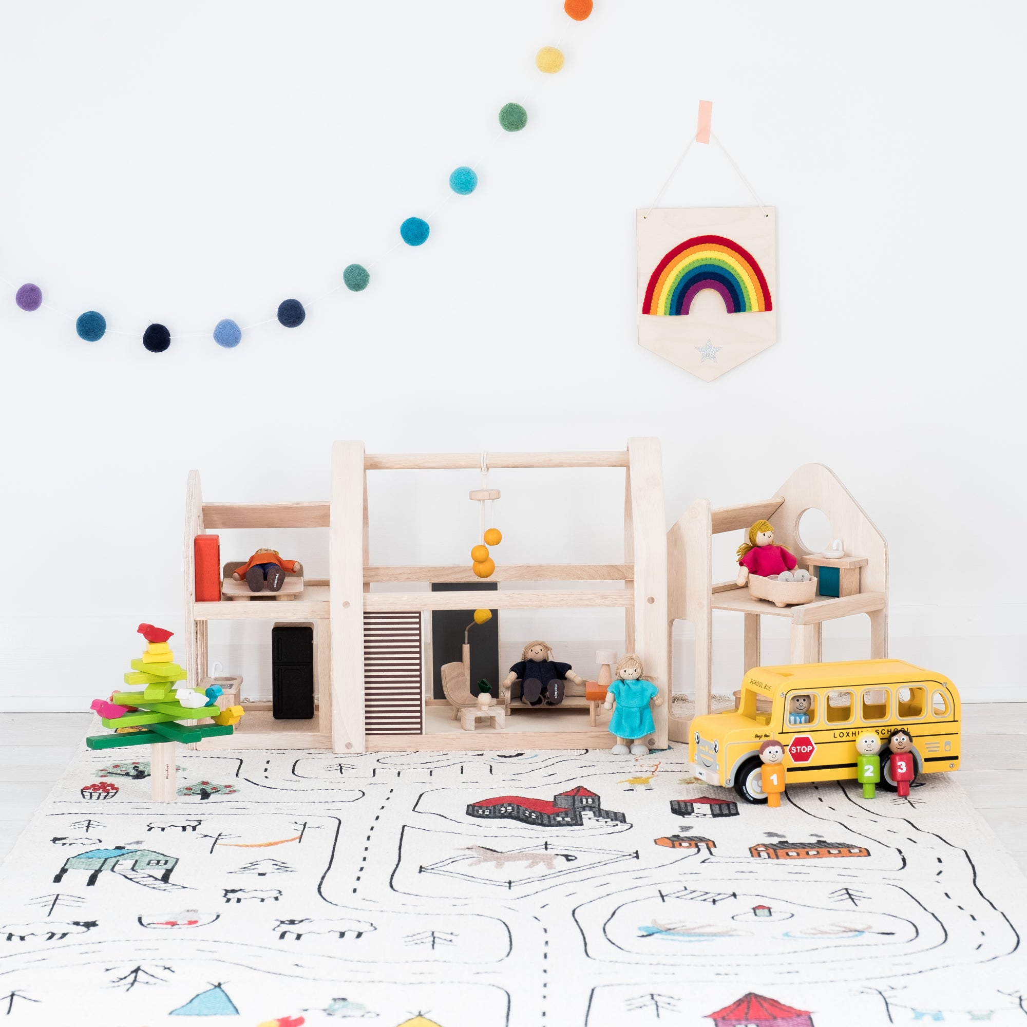 Plantoys Dolls House, Jamm Toys Wooden School Bus and Accessories, available at Bobby Rabbit.