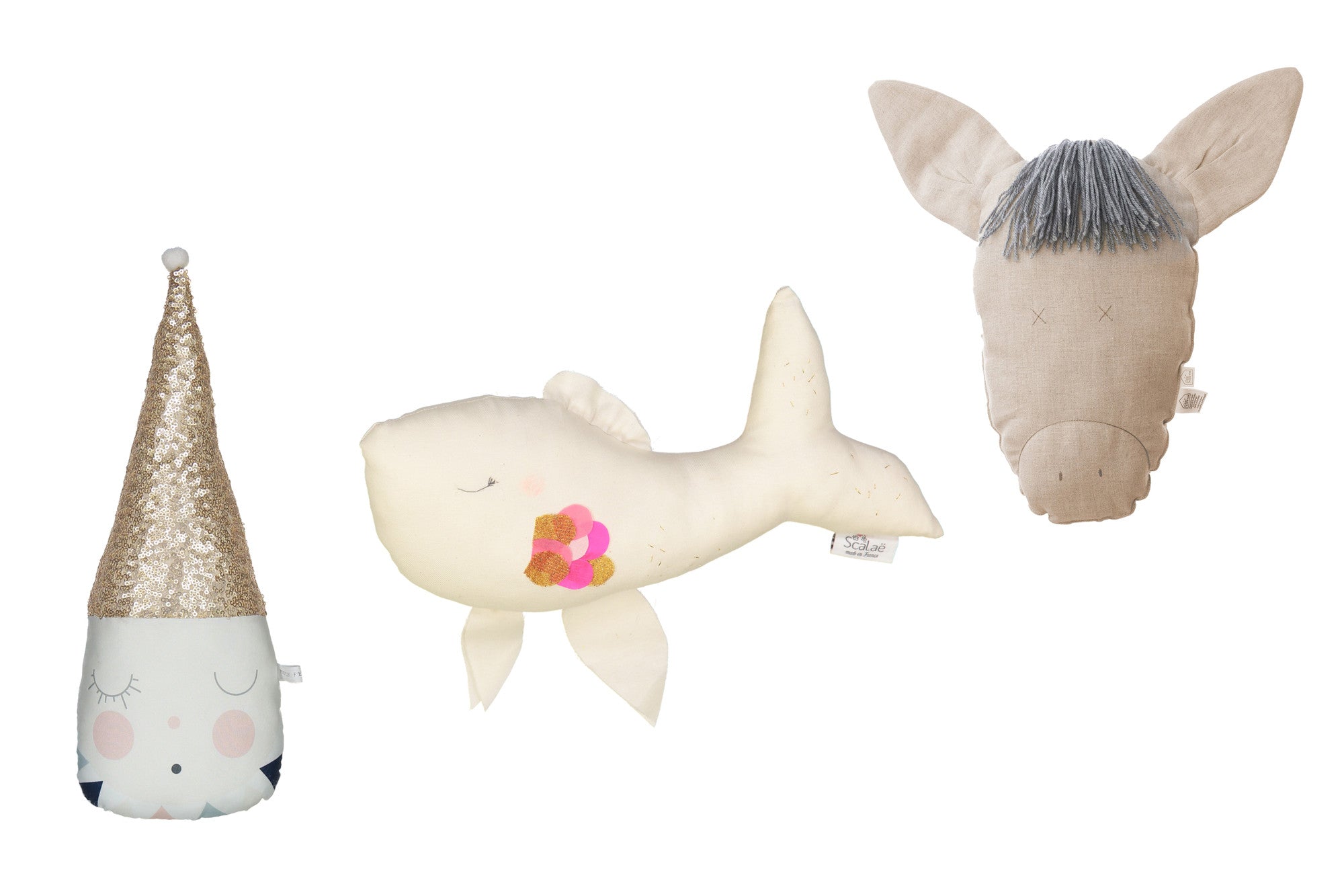 Pompon Petillant Clown, Scalae Fish, Petit Picotin Jeanne Donkey, available at Bobby Rabbit.