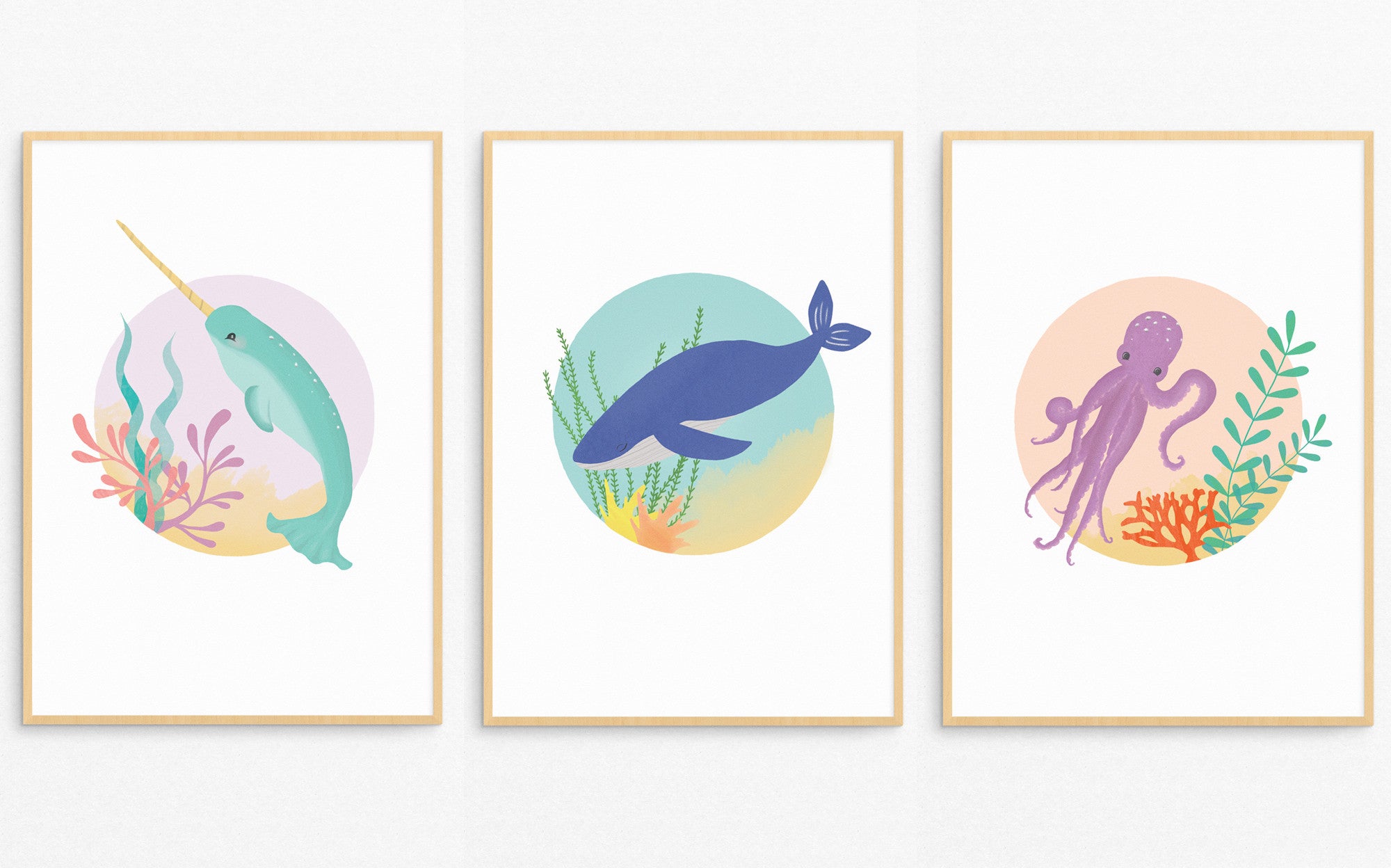 Narwhal, Whale and Octopus sea-themed prints by Born Lucky for Bobby Rabbit.