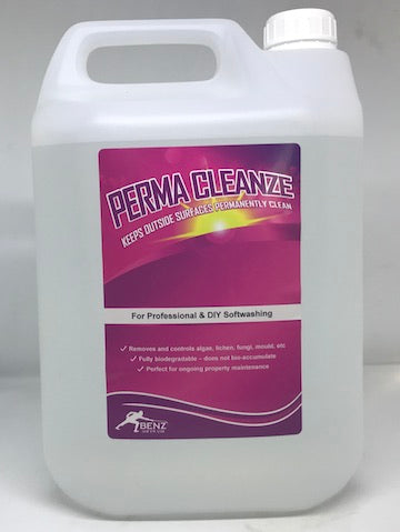 Benz Perma Cleanze 5L keeps driveways, patios, paths, garden walls, concrete, brick, tarmac, wood decking, wood fences, wood sheds permenatly clean-free from green, black, red, yellow stains