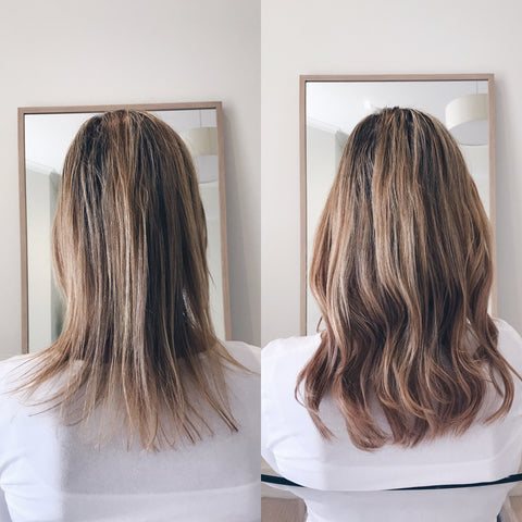 before and after thicker balayage hair with halo hair extensions