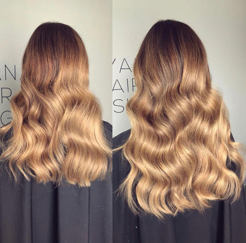 before and after picture of brown balayage with halo hair extensions