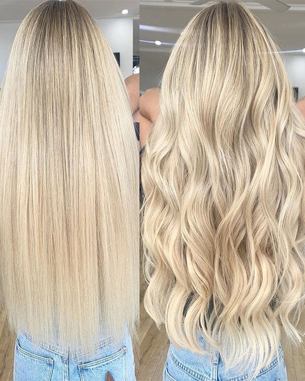 the average cost of non permanent hair extensions, before and after, blonde girl from the back.