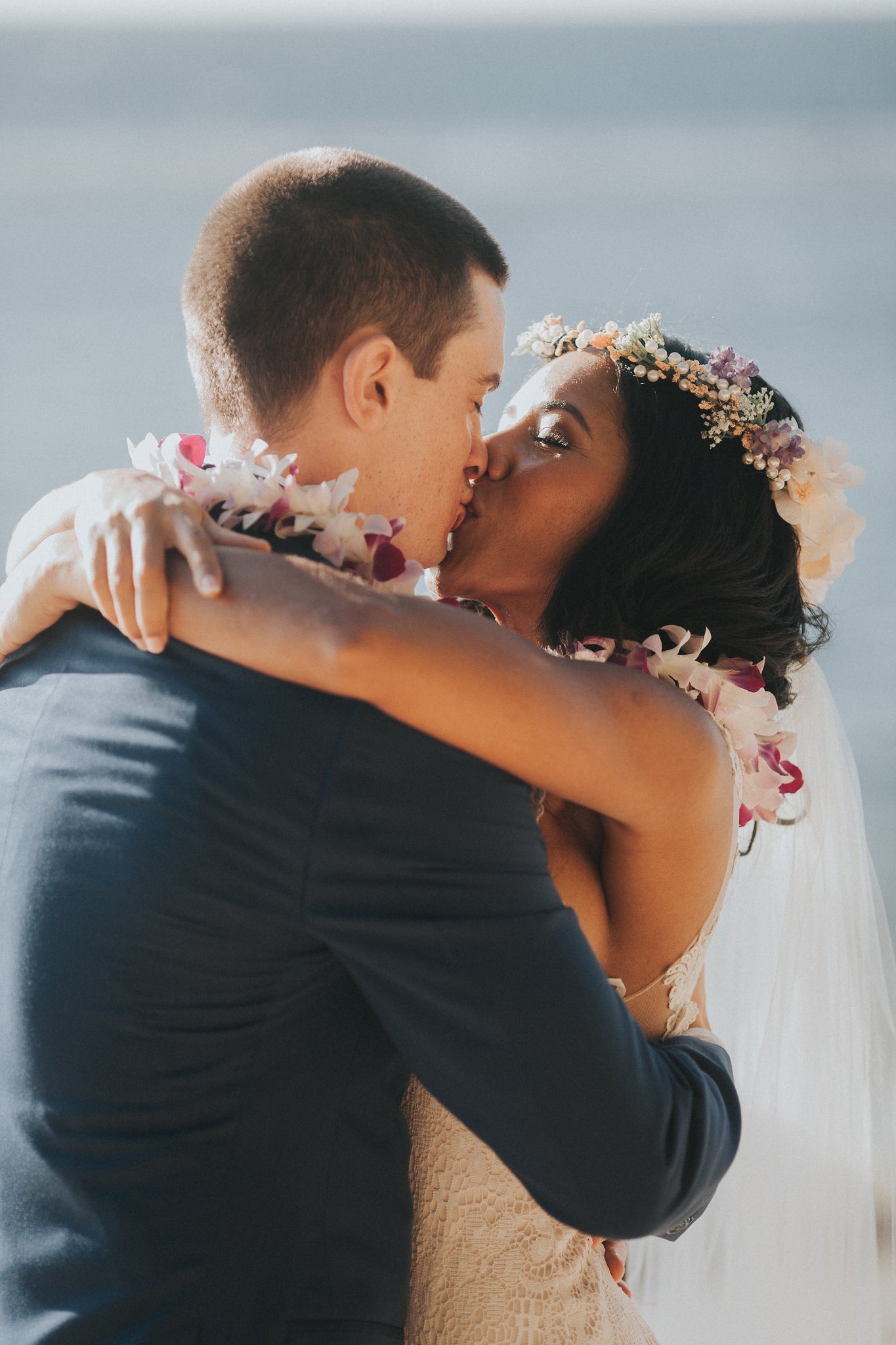 Bride and Groom Kiss after Wedding at Ke'e Beach