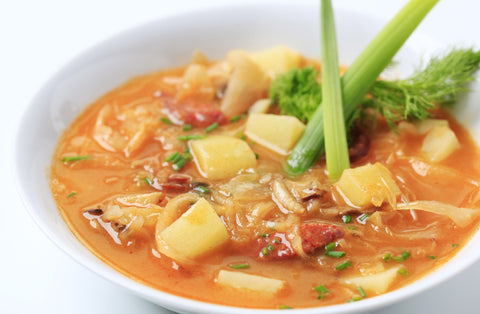 vegetable soup in a white bowl