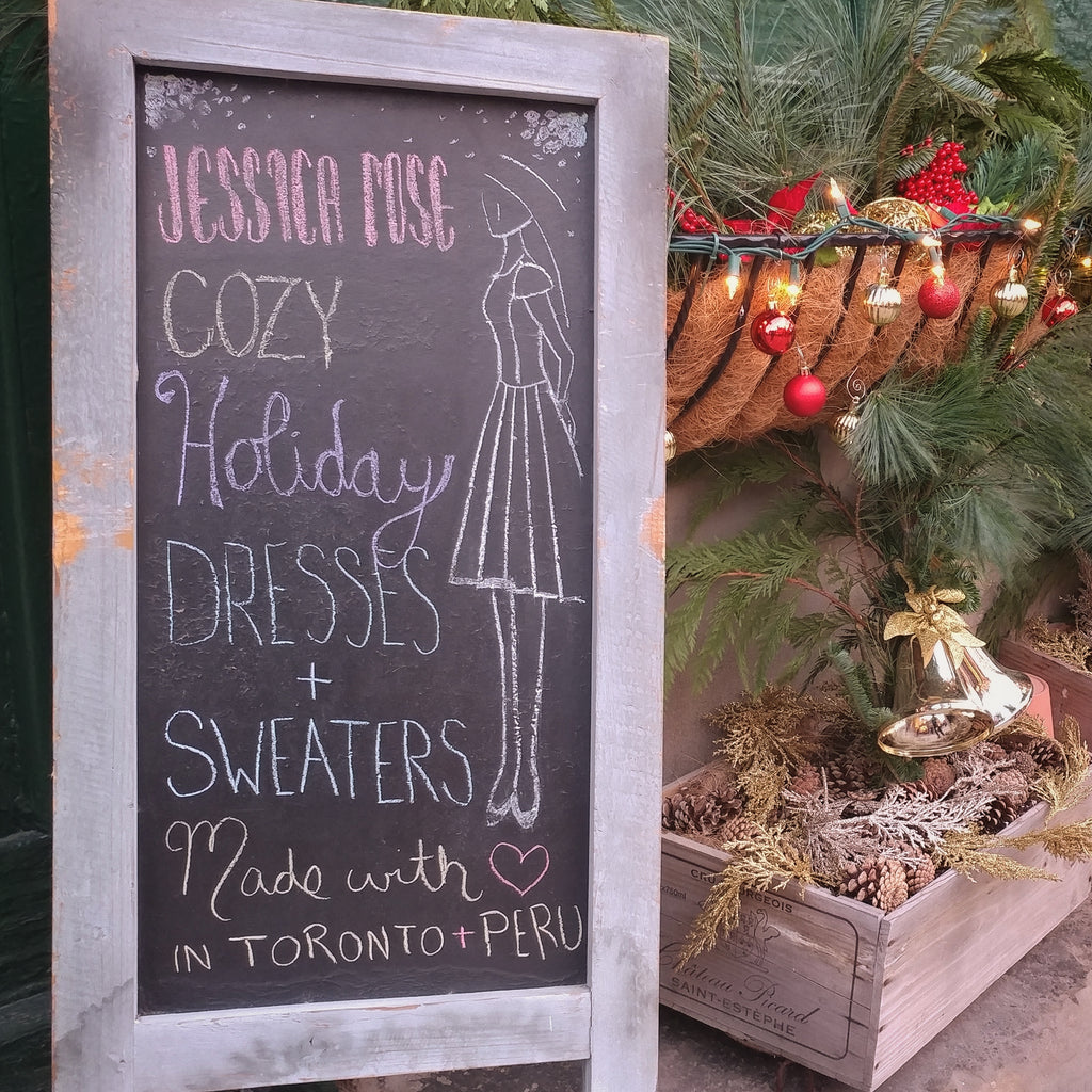Cozy holiday dresses and sweaters. Made in Canada and Peru by Jessica Rose. Distillery District, Toronto.